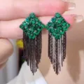 Elegant emerald green rhinestone stud earrings with long dark metal fringe tassels - Rhombus Green Rhinestone Gun Black Tassel Style (E3555 Gun Black Green)