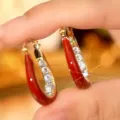 Elegant red enamel gold hoop earrings with sparkling cubic zirconia inlay - Pave Zirconia Hoop Style (E3589 Red Gold)