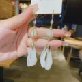 Elegant long tassel earrings with micro-pave zircon and white translucent petal design - Floral Style (E1557) / Gold/White