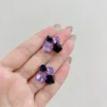 Elegant geometric sugar cube crystal stud earrings with purple and black faceted stones - 3D Cubic Style (E3569) / Silver + Purple