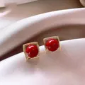 Elegant red pearl stud earrings with square gold frame and sparkling pave crystals - Square Geometric Hollow Style (E3574)