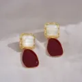 Elegant square pearl and burgundy enamel drop earrings with gold-plated frame for women - Square Pearl Teardrop Charm Style (E3522)