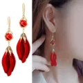 Elegant long drop earrings featuring red satin petals and micro-inlaid zircon hooks. - Spiral Tassel Style (E1568) / Gold/Red