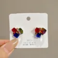 Chic vibrant multi-color sugar cube crystal stud earrings with S925 silver needles for women - Classic Style (E4105) / Gold