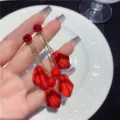 Elegant long red rose petal dangle earrings featuring delicate rhinestone chains and gems - Petal Rhinestone Long Tassel Style (E3473)