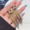 Elegant gold-tone tassel earrings featuring multi-colored crystals for a luxury look - Geometric Colorful Crystal Long Tassel Style (E3264 Gold Pink)