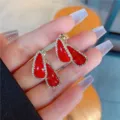 Elegant red teardrop earrings with luxury rhinestone border in a golden finish - Double Layer Teardrop Rhinestone Style (E3418)