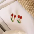 Elegant red tulip flower enamel stud earrings with gold-tone finish for stylish women - Tulip Flower Shape Stud Earrings (E3134)