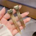 Elegant Korean style gold heart stud earrings with long luxury hanging tassels for women - Heart Tassel Style (E3085) / Gold