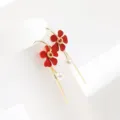 Elegant red flower long dangle earrings featuring white pearl and gold bar accents - Artificial Pearl Long Tassel Flower Style (E3015 Red Gold)