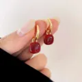 Elegant gold-plated hoop earrings featuring translucent deep red square gemstone pendants - Simple Square Pendant Style (E2920 Red Gold)