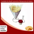 Detail view of conical chrome metal French fry stand with integrated sauce cup holder - Silver Single Cup Single Hook