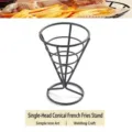Detail of a black metal cone-shaped french fries stand for restaurant snack display. - Black