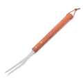 Stainless steel meat fork detail with a durable wooden handle and handy leather loop. - BBQ Fork