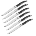 Detailansicht eines 6-teiligen Laguiole-Steakmesser-Sets mit eleganten schwarzen Griffen. - Schwarzes Messer Set
