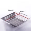 Square stainless steel grill basket 30cm perforated vegetable barbecue tray accessory - L / Silver
