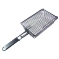 Durable non-stick black metal BBQ grill basket with an ergonomic long handle for roasting - Pearwood-look Brown