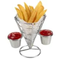 Stainless steel French fries cone stand with two side dipping sauce cups - Silver Double Cup Double Hook