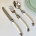 Elegant Korean style stainless steel cutlery set featuring cream colored curved handles - 3-Piece Set (Knife Fork Spoon) / Three-Piece Set