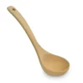 Natural eco-friendly wooden soup spoon with curved handle and hanging hole for home kitchen - 24.5cm
