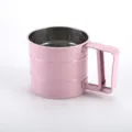Pink stainless steel cup-style flour sifter with hand-operated lever for baking - Pink