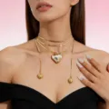 Trendy multi-layer snake chain necklace with large heart pendant for women fashion jewelry. - 04 Gold