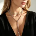 Multi-strand silver beaded Y necklace, elegant clavicle chain with chic teardrop pendant. - Style 05 Silver