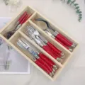 Detail view of 24 piece red stainless steel cutlery set with forks and knives in a wooden box - Red pointed knife 24-piece set with box