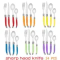 Detailed view of 24-piece colorful Laguiole style cutlery set with sharp steak knives and spoons - 24-piece set without box