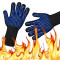 High temperature resistant BBQ grilling gloves featuring blue silicone anti-slip dots and flames. - Blue Torch Style One Size