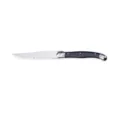 Detailed side view of a Laguiole steak knife with serrated blade and black handle - 1 Piece / Black