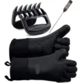 BBQ accessories set with meat shredder claws, silicone gloves, and a digital meat thermometer. - 2 Gloves, 2 Claws and 1 Thermometer / Black 5-Piece Set