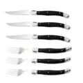 Sechsteiliges Laguiole-Set aus Steakmessern und Gabeln mit schwarzen Kunststoffgriffen - Messer und Gabel Set