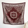 Detailed view of large burgundy twill square scarf with elegant white floral prints - RY-35