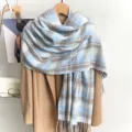 Detailed view of a soft blue and white checkered winter scarf featuring delicate fringe. - 67*180 / Blue