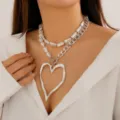Detailed view of baroque pearl and silver lava heart double-layer necklace - Baroque Pearl Double Layer Lava Heart Necklace (Silver Tone) / Silver