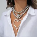 Silver double-layer bead necklace featuring large hollow and solid heart pendants - Double Layer Bead Lava Heart Necklace / Silver