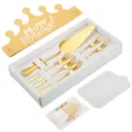 Service à gâteau en acier inoxydable doré avec couronne d'anniversaire et bougies - 1 Shovel 5 Forks (2 Prongs) With Candle Plate Crown / Or