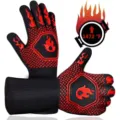 High temperature resistant BBQ grilling gloves, black knit with red silicone grip and flame design. - New Red Center Torch