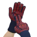 Heat resistant BBQ gloves with red silicone non-slip dots for baking cooking grilling. - Navy - Red Equal Sign, One Size