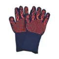 Blue heat resistant BBQ gloves with red silicone dots and flame pattern for safe grilling. - Navy - Red Torch, One Size
