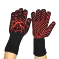 Heat resistant BBQ gloves with red silicone spider web grip pattern for kitchen baking. - New Spider Web, One Size