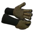 Heat resistant BBQ gloves, silicone knitted oven mitts for cooking, baking and grilling safely. - New Gold Polka Dot, One Size