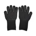 Black heat resistant BBQ gloves with silicone grip, durable knitted oven mitts for cooking baking. - New Black Polka Dot, One Size