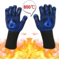 Heat resistant BBQ gloves for grilling, baking and cooking with silicone grip and long sleeves. - New Blue Shield Flame One Size