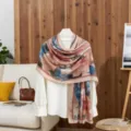 Detailed view of abstract floral cotton linen scarf draped over a white blouse in a home setting - Pink / 180x85cm