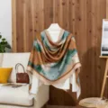 Elegant soft cotton-linen shawl with abstract watercolor print for summer sun protection - Khaki / 180x85cm