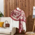Elegant red floral print cotton linen scarf shawl for sun protection and fashion decor - Pink / 180x85cm