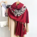 Red retro leopard print scarf draped over a beige coat for an elegant style - Red / 88*188cm