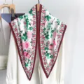 Close-up of floral and carriage print triangle silk scarf with a burgundy border shawl - Triangle Scarf (TBSJJ116) / 87*130CM / Red